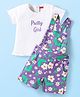 Babyhug Interlock Knit Half Sleeves T-Shirt & Dungaree with Text & Floral Print - White & Purple