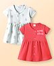 Ben Benny 100% Cotton Knit Half Sleeves Front Open Frocks with Floral & Text Print Pack of 2 - Red & Light Blue