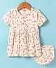 Ben Benny 100% Cotton Knitted Half Sleeves Front Open Frock with Boomer & Floral Print - Cream