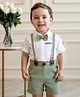 Mark & Mia Cotton Knit Half Sleeves Solid Color Party Romper With Bow & Suspenders - White & Green