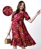 Bella Mama Women Short Sleeves Floral Printed Maternity Dress with Pocket - Maroon