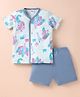 Ben Benny 100% Cotton Knit Half Sleeves Front Open Shorts Nightsuit with Peacock Print - Light Blue