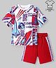 Ollington St.100% Cotton Knit Half Sleeves Space Theme Printed Drop Shoulder T-Shirt & Shorts Set - White & Red