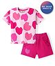 Bonfino 100% Cotton Knit Half Sleeves T-Shirt & Shorts Set With Heart Print - Pink