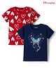 Honeyhap Premium 100% Cotton Knit Half Sleeves Bio Finish Tops with Heart & Butterfly Print Pack of 2 - Navy Peony & High Risk Red