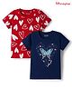 Honeyhap Premium 100% Cotton Knit Half Sleeves Bio Finish Tops with Heart & Butterfly Print Pack of 2 - Navy Peony & High Risk Red