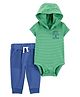 Carter's Knit Half Sleeves Hooded Onesie with Leggings with Stripes & Print - Green & Blue