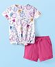 Babyhug Single Jersey Knit Half Sleeves Top & Shorts Set With Drinks Print & Bow Applique - White & Pink