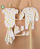 Mom's Home Organic Cotton Full Sleeves Lemons Printed Romper With Coordinating Onesie Cap Mittens Booties & Napkin Set - White & Yellow