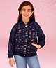 Cutecumber Velour Full Raglan Sleeves Bow Printed & Shimmered Varsity Jacket - Navy Blue