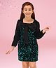 Cutecumber Full Puffed Sleeves Bow Applique Detailed Sequins Embellished Dress - Teal Blue