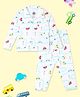 The Mom Store Cotton Knit Full Sleeves Cars Printed Coordinating Night Suit Set - White & Blue