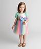Bonfino Woven Puffed Sleeves Flare Rainbow Mesh Partywear Dress with Bow Applique - Light Blue Plum & Pink