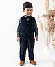 Tiber Taber Full Sleeves Floral Printed 3 Piece Party Suit Set With Bow - Navy Blue