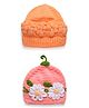 MayRa Knits Pack Of 2 Pearls Embellished & Floral Designed Hand Knitted Caps - Orange & Pink