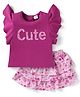 Babyhug Single Jersey Knit Frill Sleeves Top & Skirt Set with Floral Print - Dark Pink