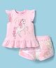 ToffyHouse Knitted Frill Sleeves Top & Shorts Set with Unicorn Print & Sequin Detailing - Pink