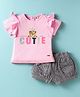 ToffyHouse Cotton Knit Half Sleeves Top & Shorts Set With Teddy Bear & Text Print - Pink & Grey