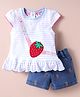 ToffyHouse Knitted Cap Sleeves T-Shirt & Shorts with Strawberry Print & Stripes - White & Blue