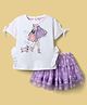 ToffyHouse Knit Half Sleeves Top & Skirt Set With Polka Dot Print & Applique - White & Purple