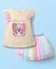 ToffyHouse Knitted Half Sleeves Top & Skirt with Ruffles & Butterfly Print - Yellow & Pink
