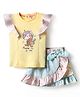 ToffyHouse Knitted Frill Sleeves Top & Skirt Set with Bow Applique & Unicorn Print - Yellow