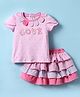 ToffyHouse Knit Half Sleeves Top & Skirt Set With Love Embroidery & Heart Print - Pink