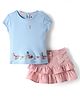 ToffyHouse Knitted Half Sleeves Top & Layered Skirt with Bow Applique & Bird Embroidery - Light Blue & Pink