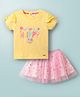 ToffyHouse Knitted Half Sleeves Tops and Skirts Set With Happy & Floral Text Print - Lemon Yellow & Pink
