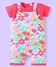 Babyhug Single Jersey Knit Floral Printed Dungaree Style Romper with Half Sleeves Text Printed Top - Red