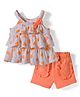 Babyhug Single Jersey Knit Singlet Sleeves Top & Shorts Set With Heart Print & Bow Applique - Orange