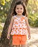 Babyhug Single Jersey Knit Singlet Sleeves Top & Shorts Set With Heart Print & Bow Applique - Orange