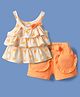 Babyhug Single Jersey Knit Singlet Sleeves Top & Shorts Set With Heart Print & Bow Applique - Orange