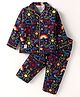 Enfance Core Cotton Woven Full Sleeves Doodle Art Printed Coordinating Night Suit Set - Navy Blue