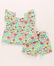 Babyhug Single Jersey Knit Frill Sleeves Top & Shorts Co-Ord Set With Floral & Leaf Print - Sea Green