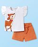 Babyhug Single Jersey Knit Frill Sleeves Top & Shorts with Animal Print -  White & Brown