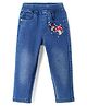 Babyhug Full Length Washed Denim Jegging With Mushroom Embroidery & Stretch - Blue