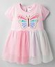 Smarty Girls Textile Knit Half Sleeves Frock with Butterfly Print & Embroidery - Pink