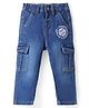 Babyhug Cotton Denim Full Length Washed Jeans with Stretch & Sports Embroidery - Navy Blue