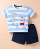 Child World Interlock Knit Striped T-Shirt & Shorts Set with Text Print & Bear Embroidery - Light & Navy Blue