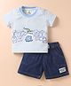 Child World Interlock Knit Striped T-Shirt & Shorts Set with Animal Print & Embroidery - Light & Navy Blue