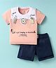 Child World Interlock Knit Half Sleeves T-Shirt & Shorts Set With Text Print & Patch Detailing - Light Red & Black