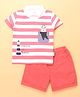 Child World Interlock Knit Half Sleeves Striped Overlapped T-Shirt & Shorts Set With Teddy Bear & Lighthouse Print - Red & Navy Blue