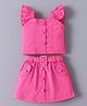 Mark & Mia Frill Sleeves Solid Color Co-ords Top & Skirt Set with Belt - Fuchsia