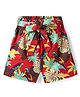 CrayonFlakes Cotton Birds Printed Shorts With Bow Applique Detailed Attached Belt - Red