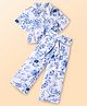 CrayonFlakes Half Sleeves Floral Printed Shirt Style Crop Top With Coordinating Palazzo Set - Off White & Blue