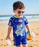 Babyhug Half Raglan Sleeves Two Piece Swimsuit With Dino Print - Blue