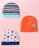 Babyhug 100% Cotton Knit Caps with Ball Print & Stripes Pack of 3 - Orange & White