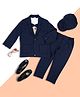 KIDS ISLAND Typography Printed Attached Bow Detailed Tee With Full Sleeves Solid Trousers Blazer & Cap Set - Navy Blue