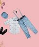 KIDS ISLAND Full Sleeves Birds Printed Shirt With Trousers Cap Suspender & Bow Set - Blue